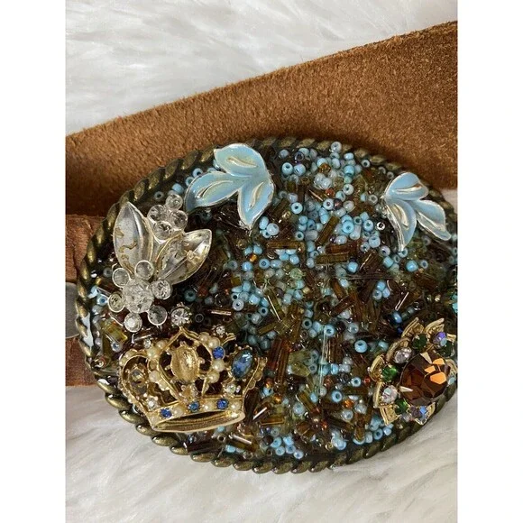 Genuine Leather Belt Women Size 38 Rhinestone Oval Buckle Brown Western - Picture 7 of 10